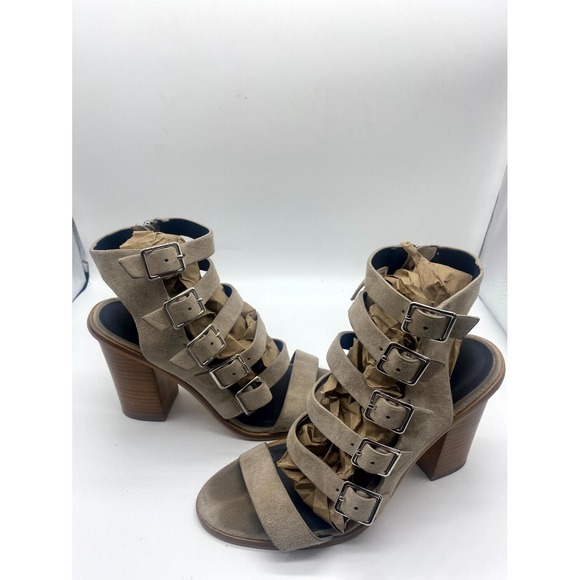 Rebecca Minkoff Jenna Womens 7M Strappy Gray Suede Ankle Strap Buckle Block Heel - Picture 1 of 6